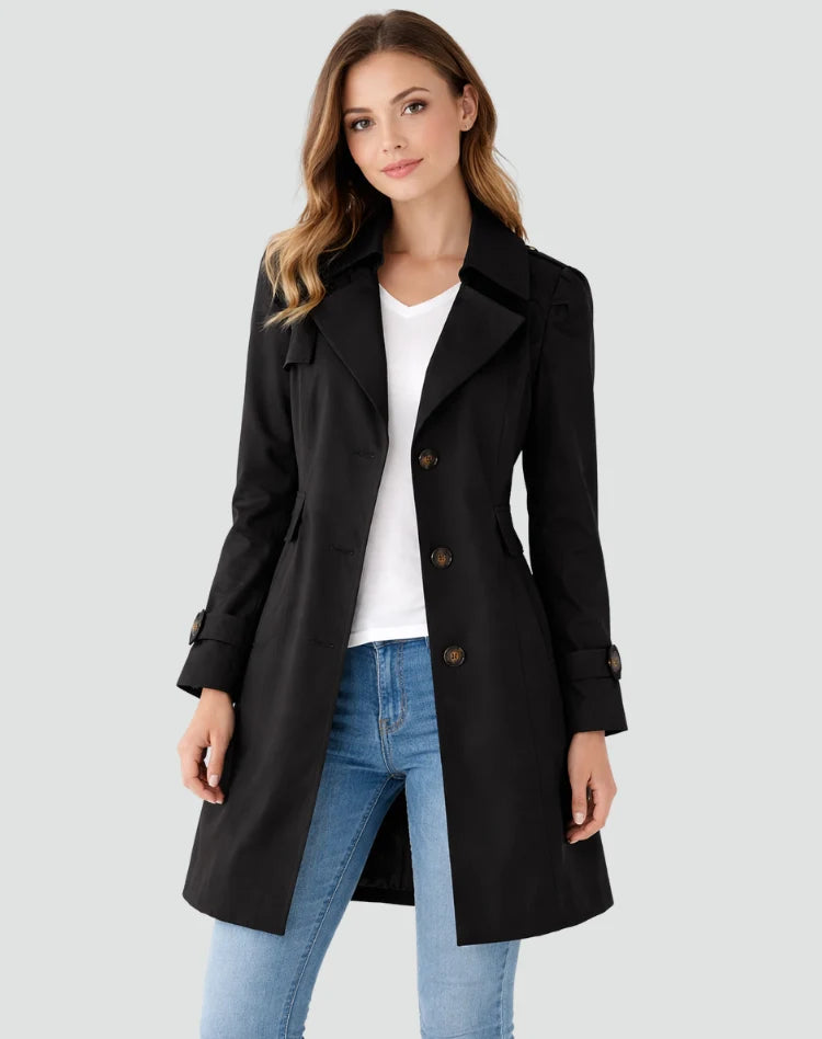 Detail van de knoopsluiting en kraag met revers op de dames trenchcoat