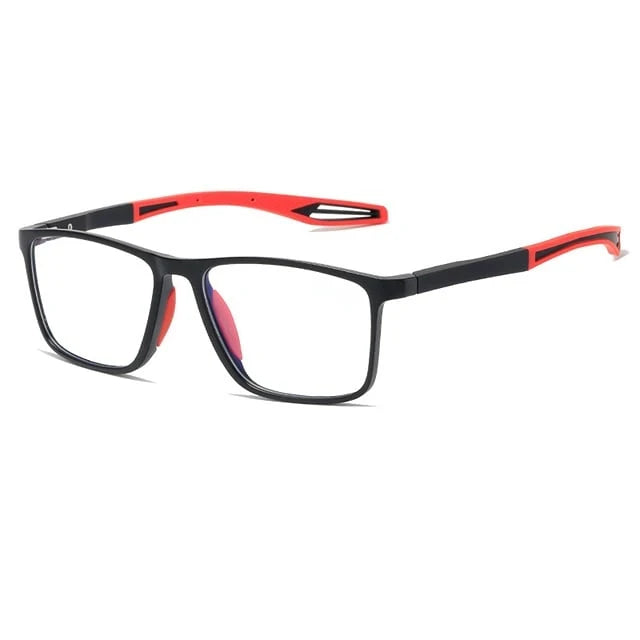 Zijaanzicht multifocale leesbril met lichtgewicht frame en contrasterende rode accenten voor heren