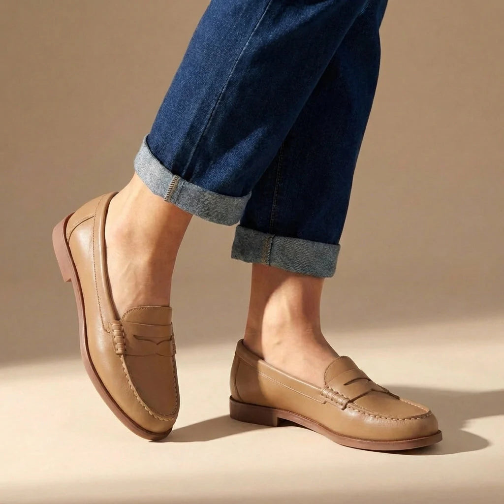 Dames penny loafers met ronde neus en instapmodel gedragen bij opgerolde spijkerbroek op beige achtergrond