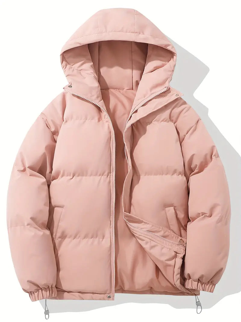 Roze dames puffer jas met capuchon en ritssluiting, oversized pasvorm met elastische manchetten