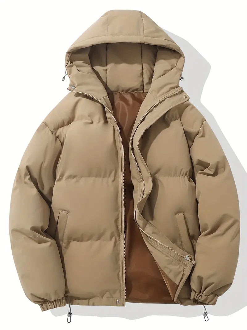 Zijaanzicht van oversized winterjas met elastische zoom en manchetten