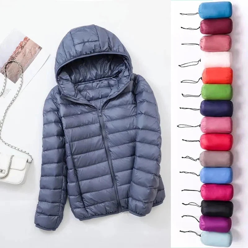 Marineblauw gewatteerde winterjas met capuchon en lichte constructie