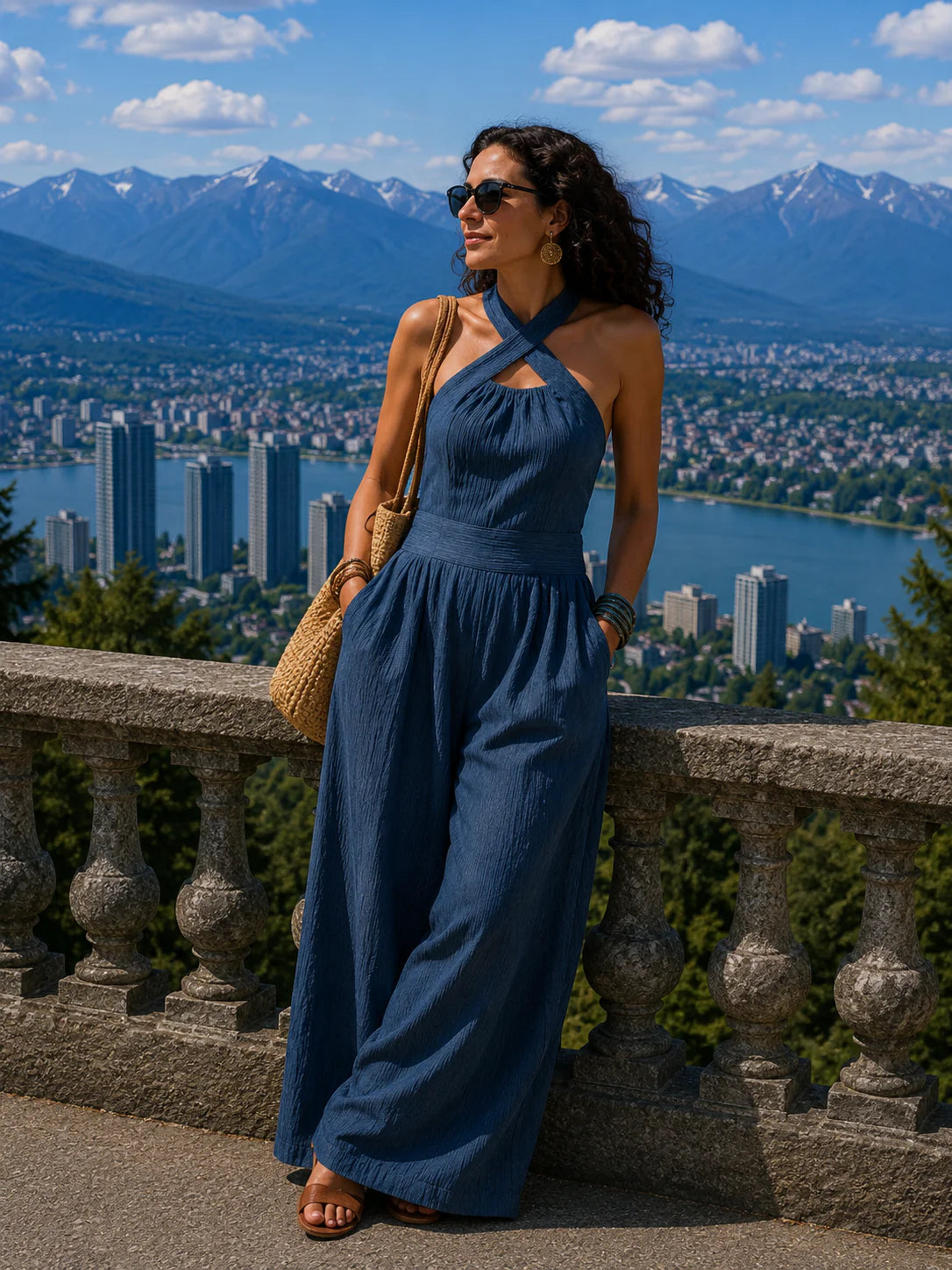 Vrouw draagt halter jumpsuit met kruislijf en wijde pijpen in blauw tijdens zomerse uitstap