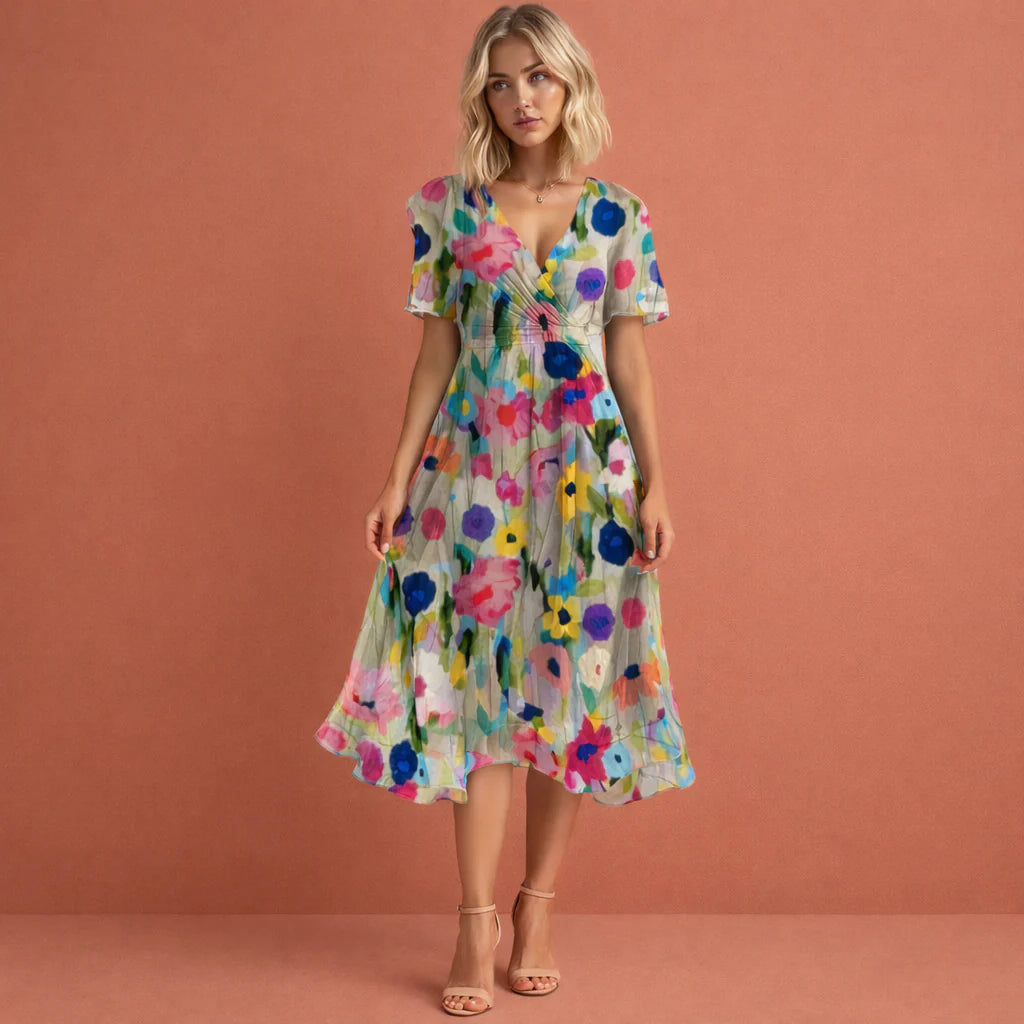Detail van midi jurk met levendige bloemenprint in turkoois, blauw en groen tinten, korte mouwen zichtbaar