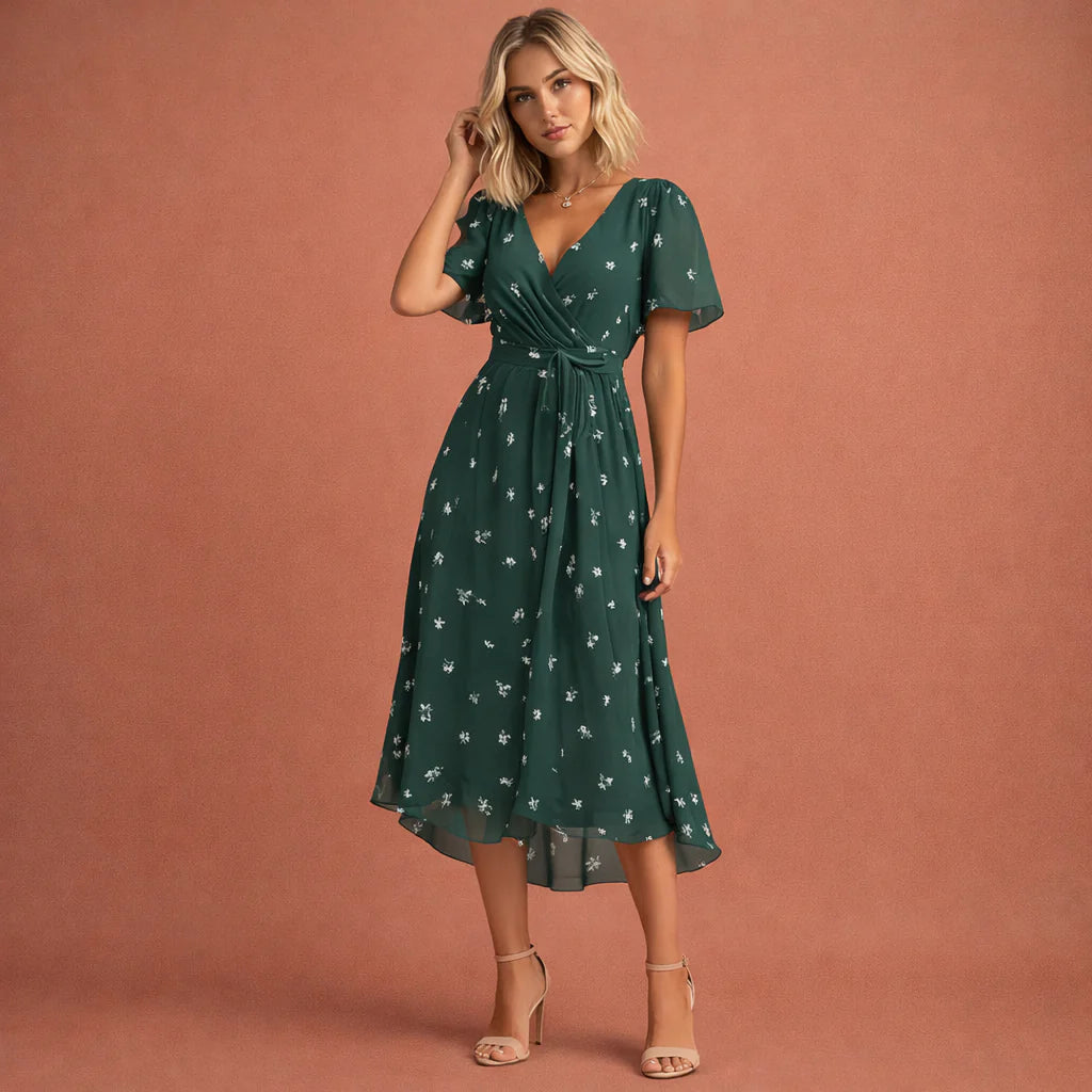 Zijaanzicht van midi jurk met bloemenprint, getailleerde taille en licht uitlopende rok tot onder de knie