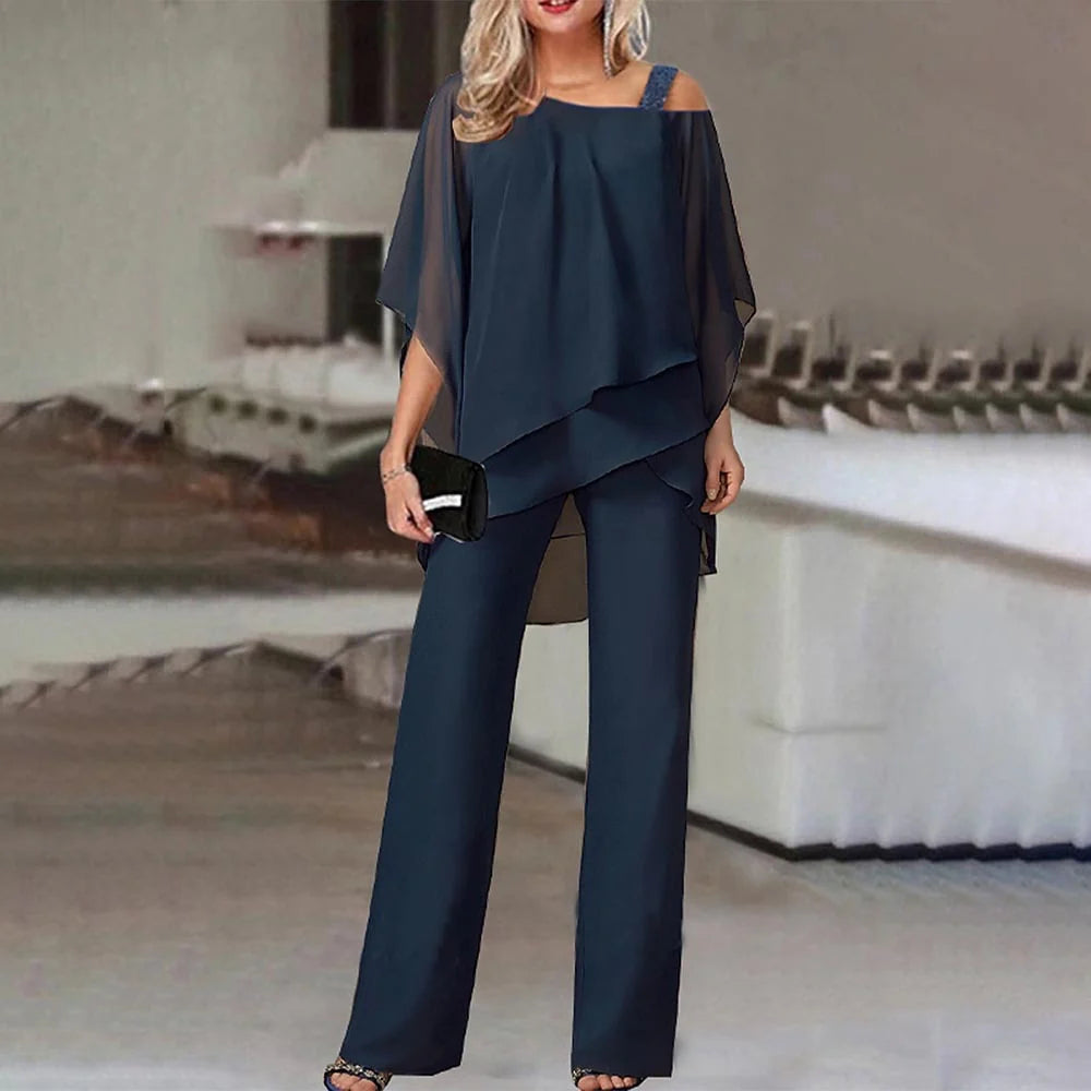 Eva | Dames Jumpsuit Set Off-Shoulder Overlay Top Donkerblauw