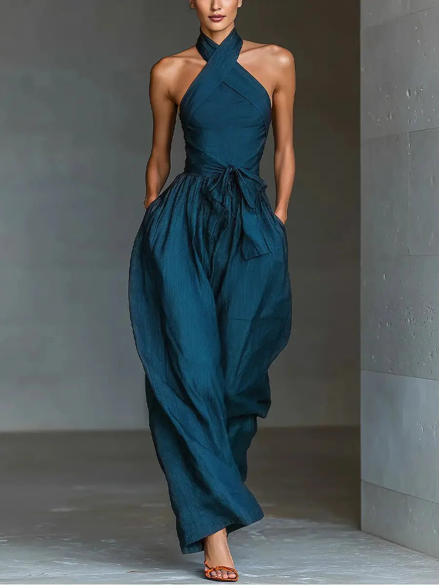 Femke | Dames Kruiselings Halter Linnen Jumpsuit Wijde Pijpen Marineblauw