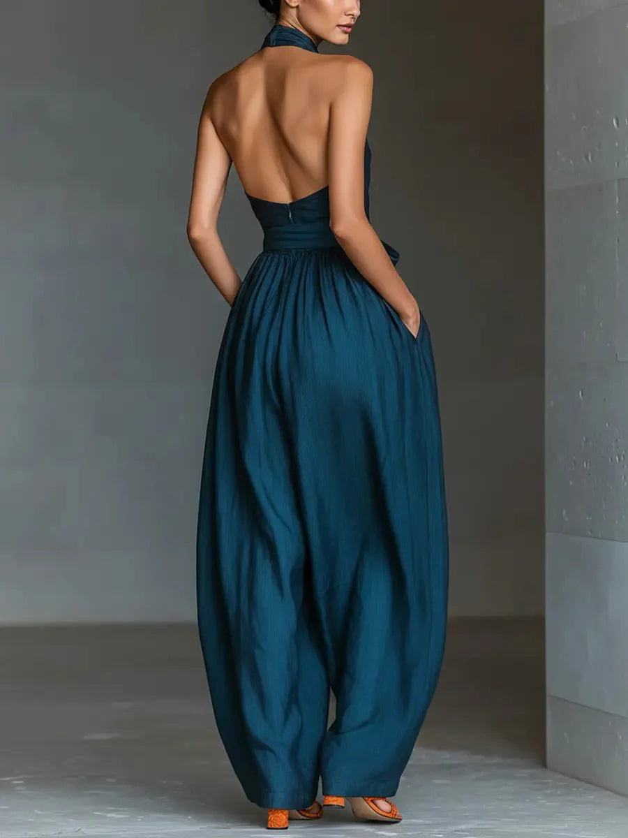 Femke | Dames Kruiselings Halter Linnen Jumpsuit Wijde Pijpen