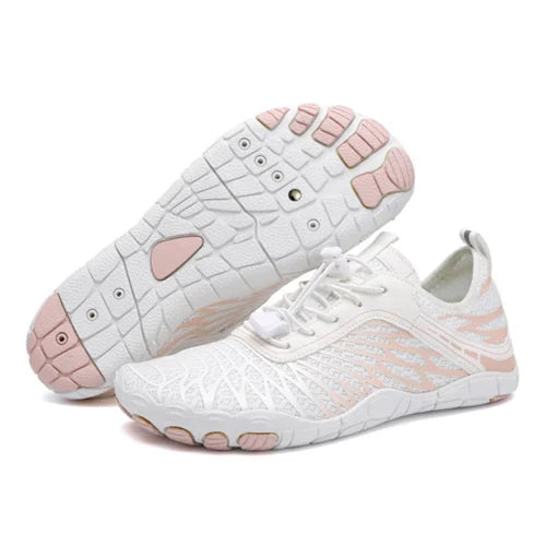 Dames barefoot sneakers met flexibele zool en mesh bovenwerk in wit met roze details