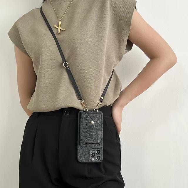 Telefoonhoesje met geïntegreerde pasjeshouder en crossbody band gedragen als handsfree accessoire