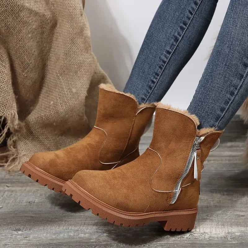 Dames winterlaarzen in beige met suède textuur en zijrits, perfect voor dagelijks gebruik in de winter