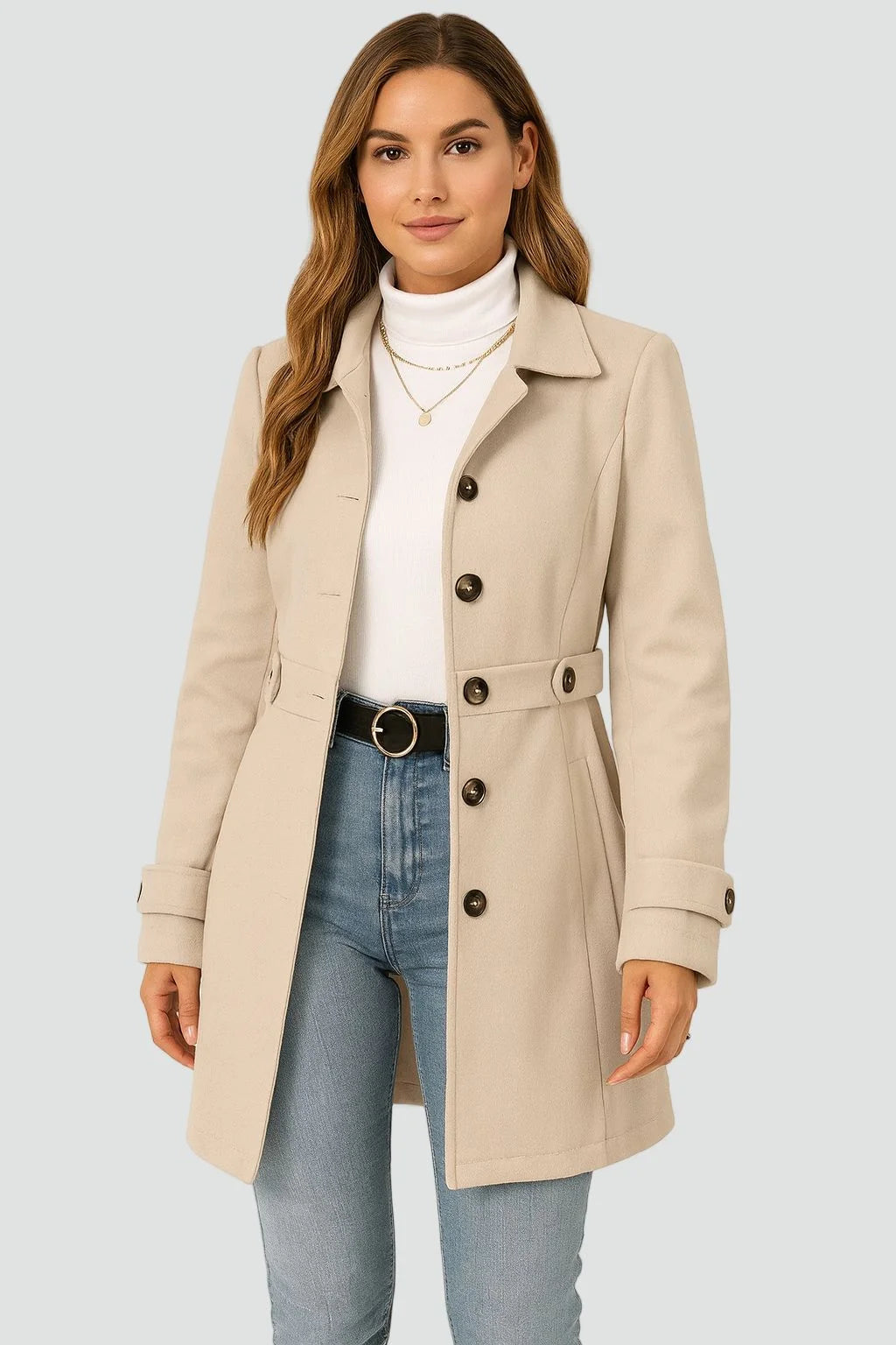 Herfst Dames Trenchcoat Ceintuur Getailleerd Tussenseizoen in beige met klassieke reverskraag en dubbele knoopsluiting voor een tijdloze look