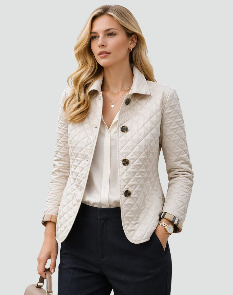 Tussenseizoenjas Dames Regular Fit Doorgestikt Met Kraag en Knopen in beige met gewatteerd patroon en knoopsluiting