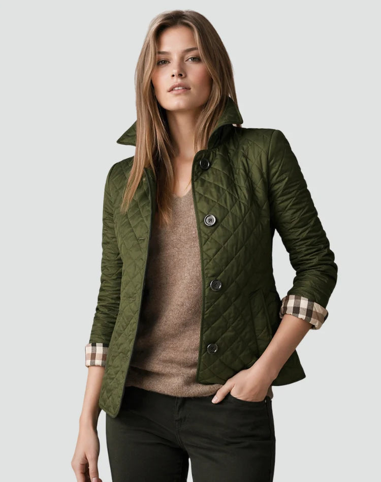 Doorgestikt dames jasje met kraag en knoopsluiting, beige kleur close-up