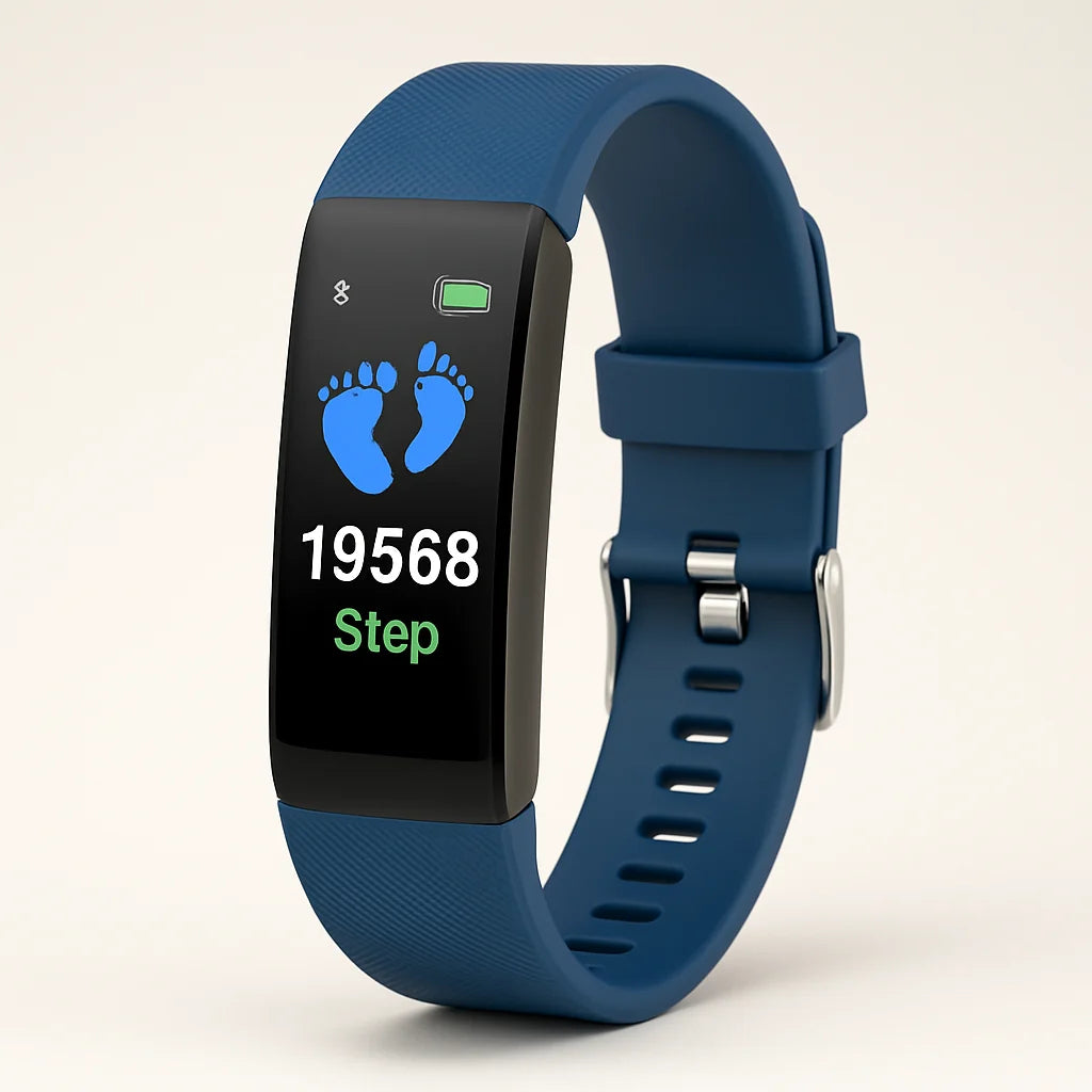Heren fitness tracker met blauw kleurendisplay en siliconen band toont stappenteller en hartslagfunctie