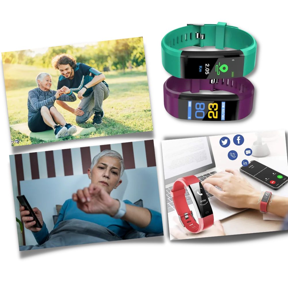 Fitness tracker met getextureerde blauwe band en verstelbare sluiting voor verschillende polsmaten