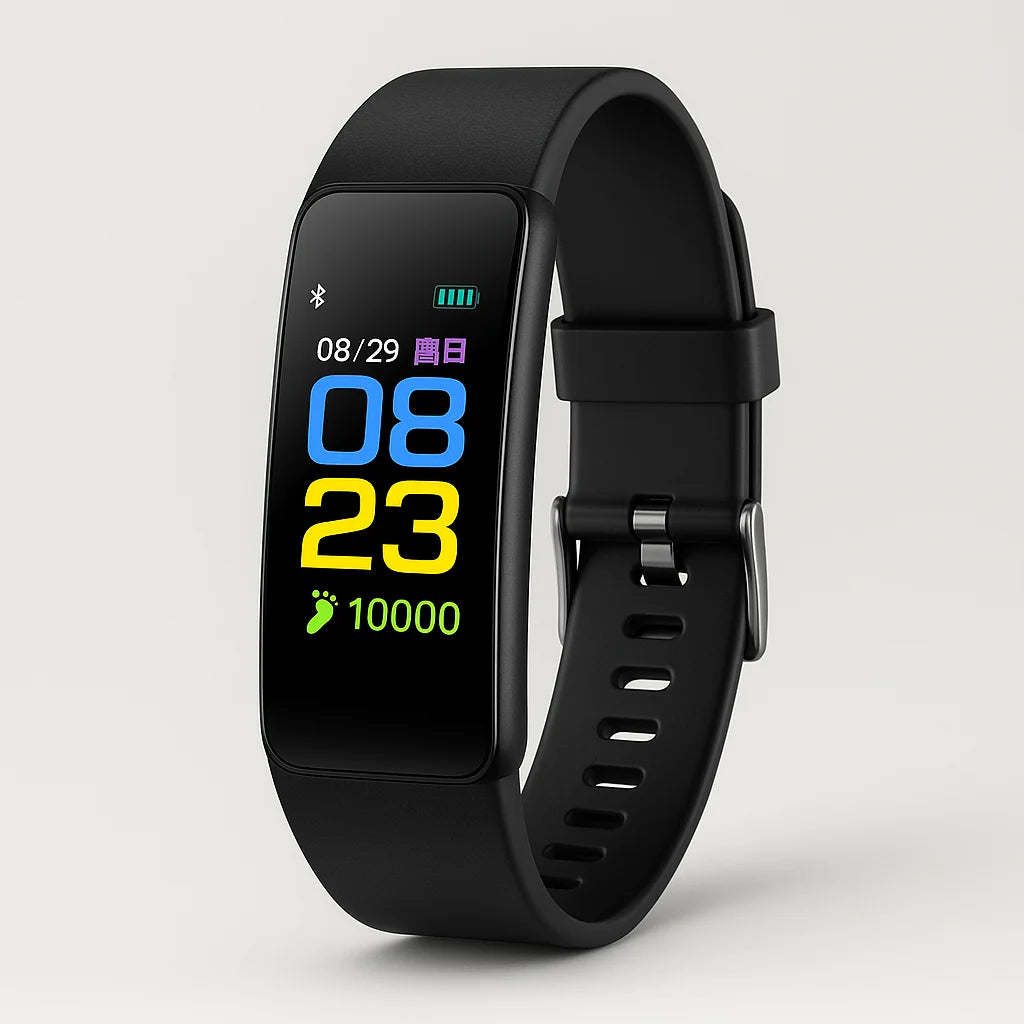 Zijaanzicht van fitness tracker met getextureerde blauwe band en verstelbare gesp voor comfortabele pasvorm