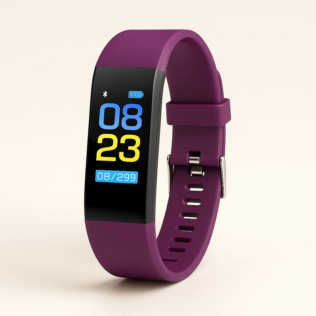 Close-up van fitness tracker display met hartslagsymbool en batterij-indicator op zwart scherm