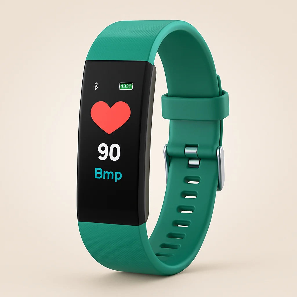 Fitness tracker met rechthoekig kleurenscherm en blauwe siliconen polsband voor dagelijks gebruik