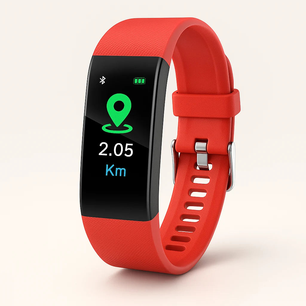 Detail van verstelbare gesp en textuur op blauwe siliconen band van fitness tracker