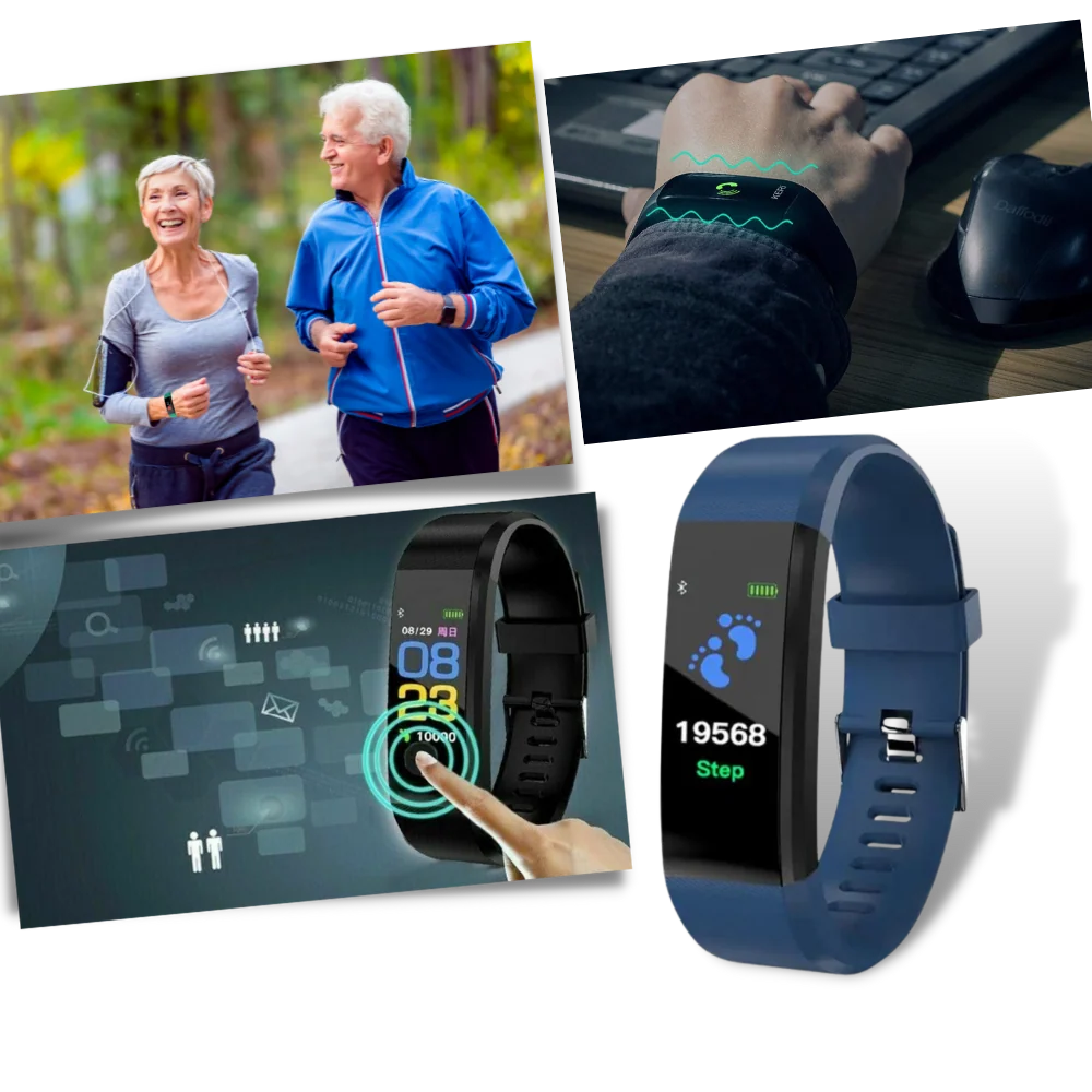 Fitness tracker toont stappenteller met voetafdruk icoon en numerieke weergave op display