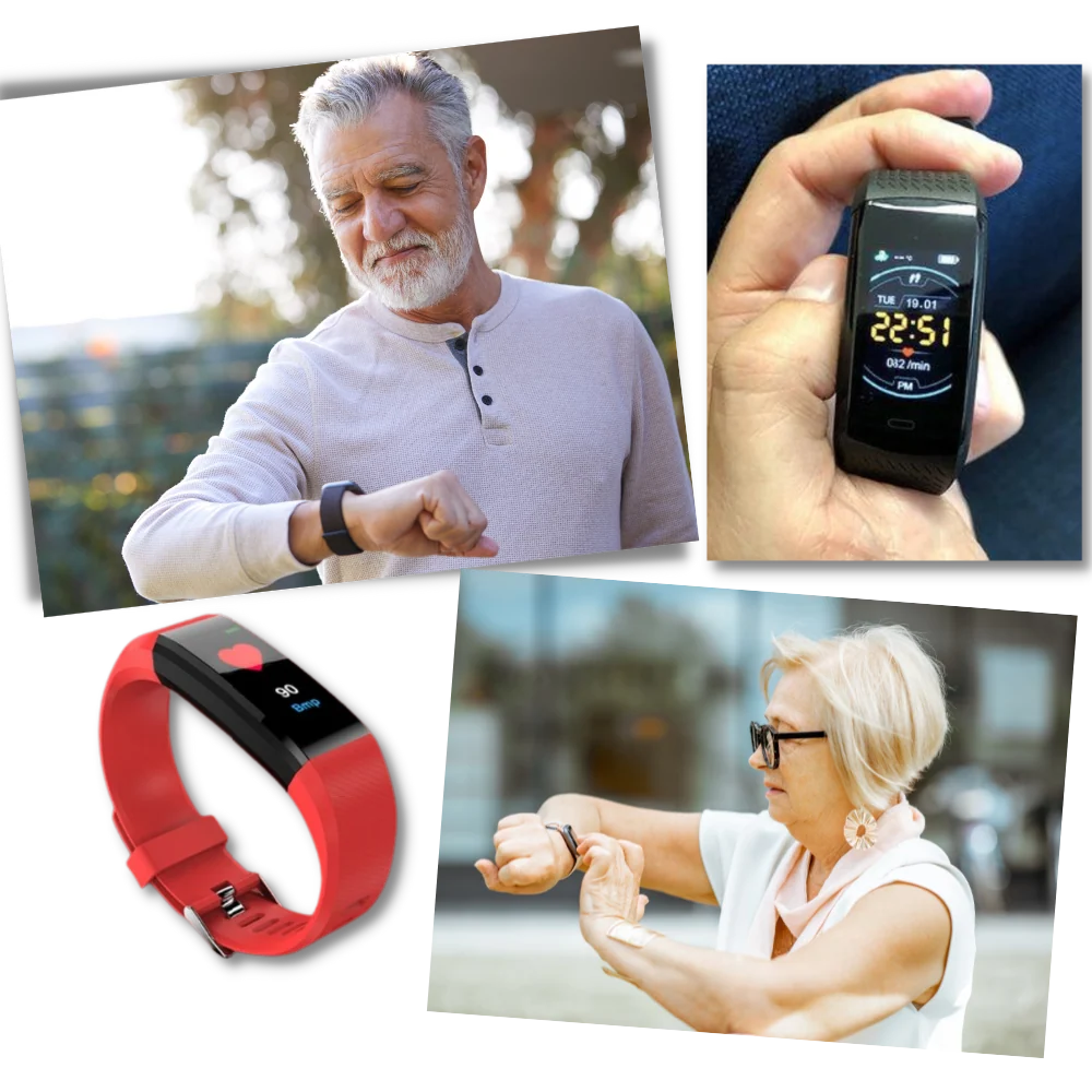 Bovenaanzicht van compacte fitness tracker met helder scherm en comfortabele sportband
