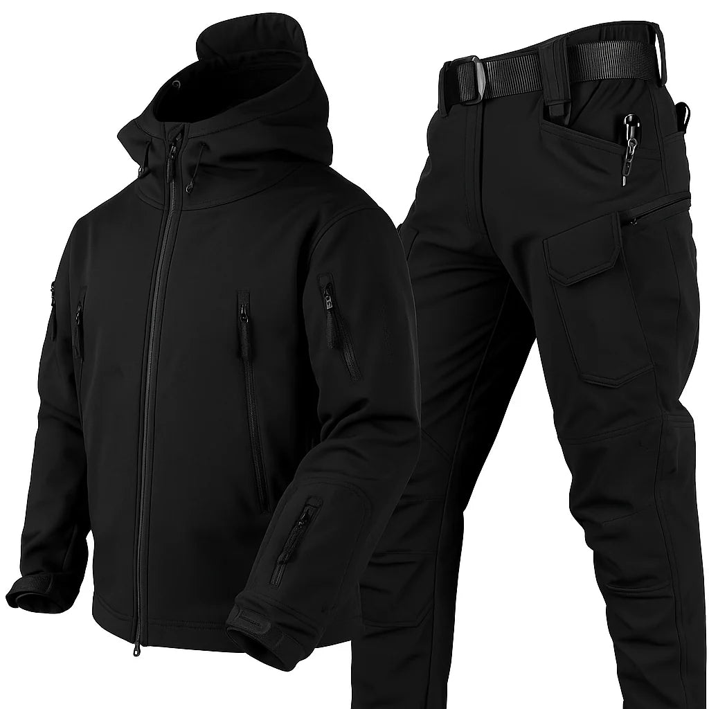 Heren tactische outdoor set in zwart met water- en winddichte jas en cargo broek met meerdere zakken