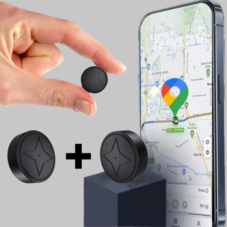 Compacte magnetische GPS tracker naast smartphone met kaartweergave voor realtime voertuigvolging