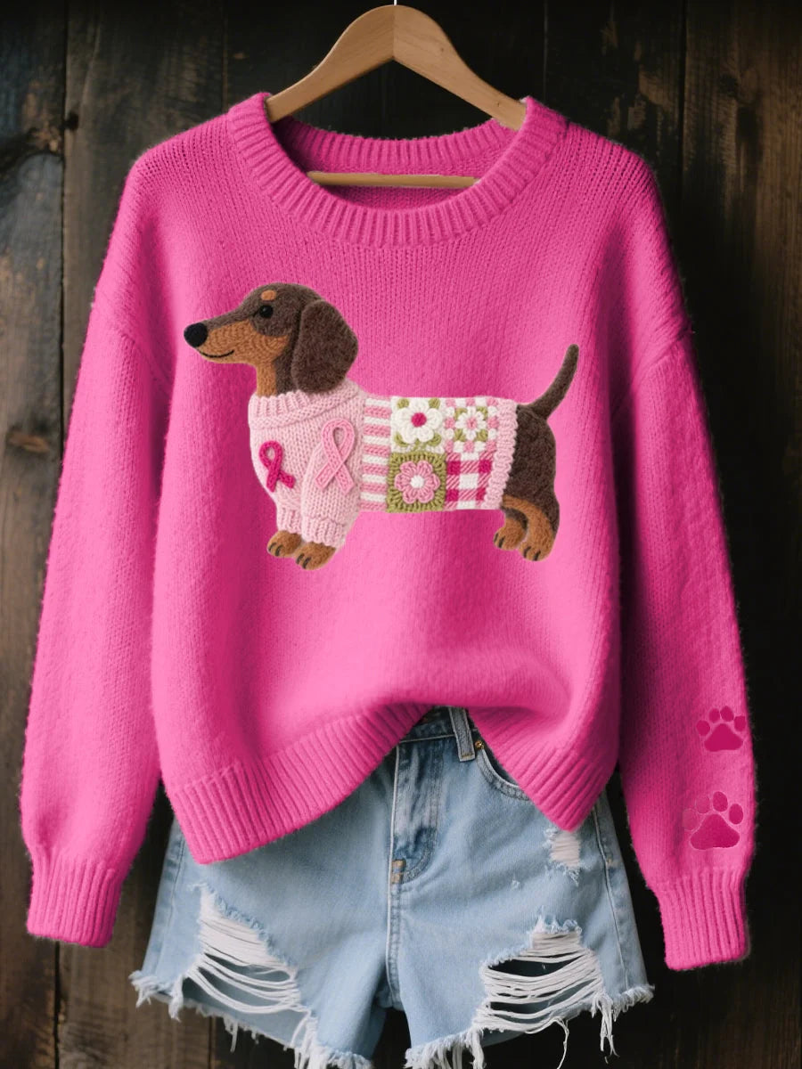 Roze trui met hondjesprint gedragen met denim shorts, toont de licht oversized fit en zachte gebreide structuur
