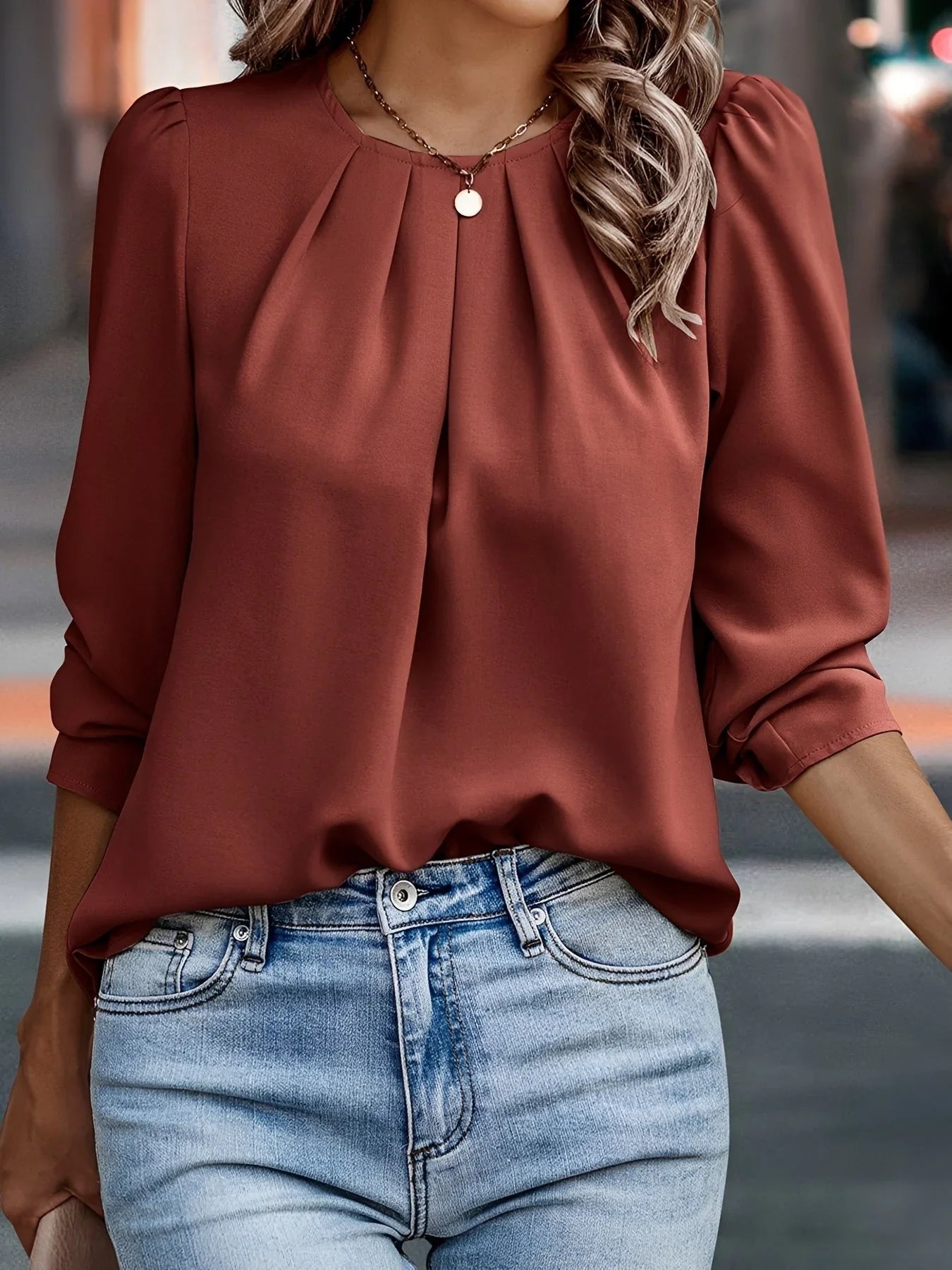 Imke | Dames Blouse met Plooien en Lange Mouwen Bruin
