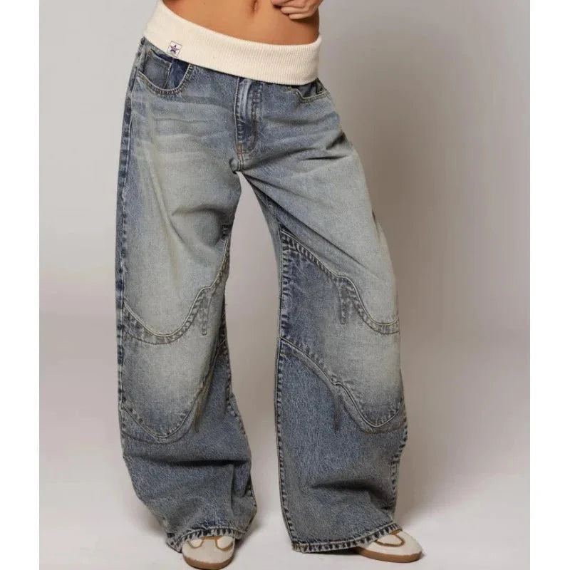 Dames baggy wide leg jeans in lichtblauw denim met geribbelde tailleband en losse pijpen voor relaxte streetwear look