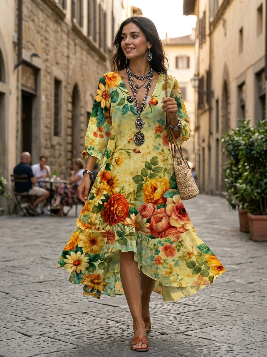 Close-up van vlottende midi jurk met oranje en rode bloemen en lange mouwen