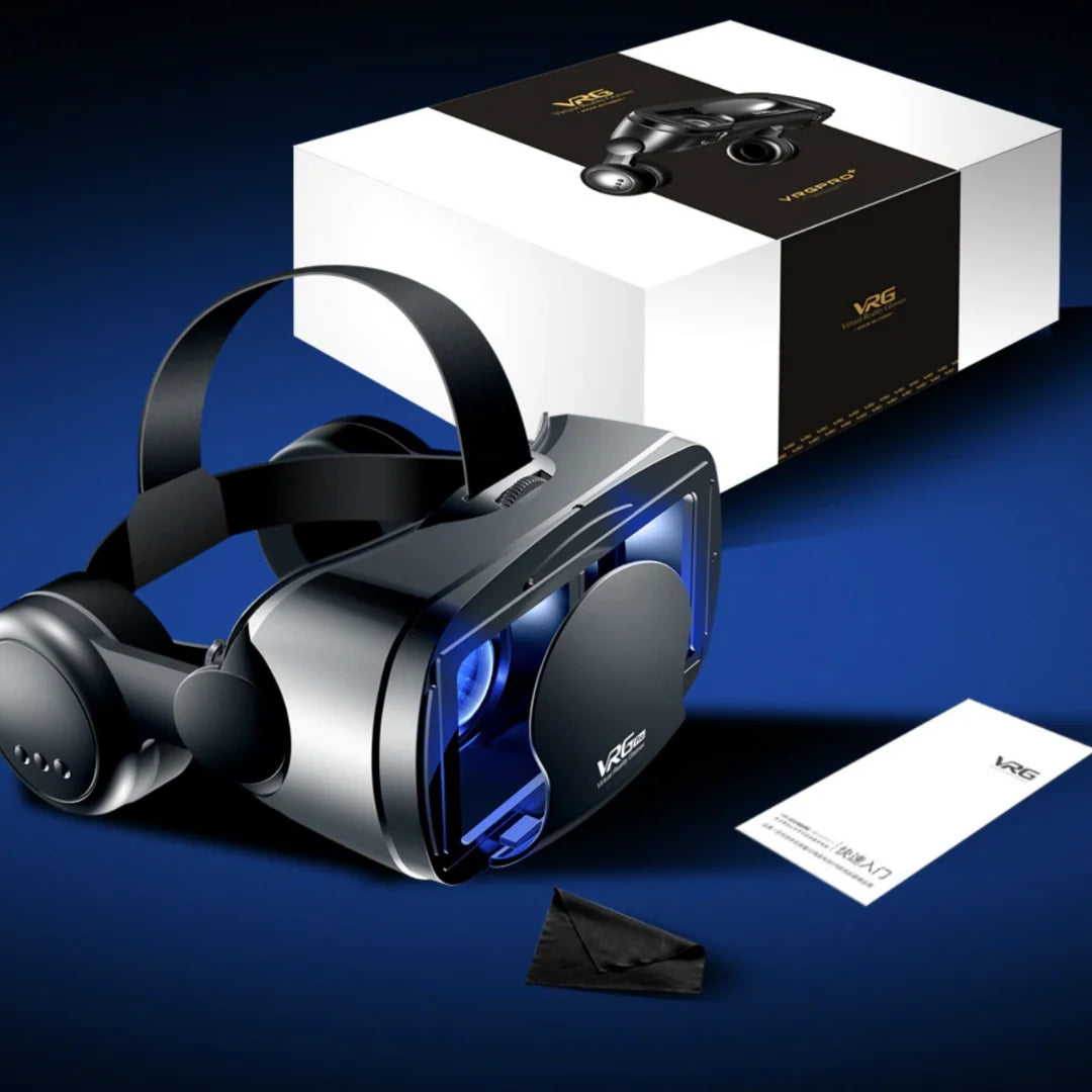 Reality PRO+ | Smart VR Bril met Geïntegreerde Headset voor iPhone & Android met verpakking en accessoires op blauwe achtergrond