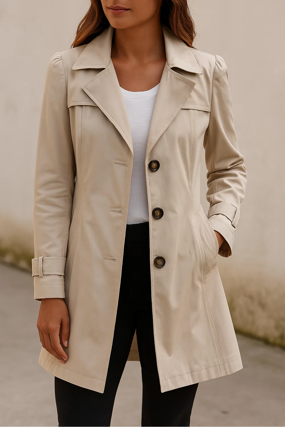 Dames trenchcoat klassiek in beige met dubbele knoopsluiting en reverskraag gedragen door model