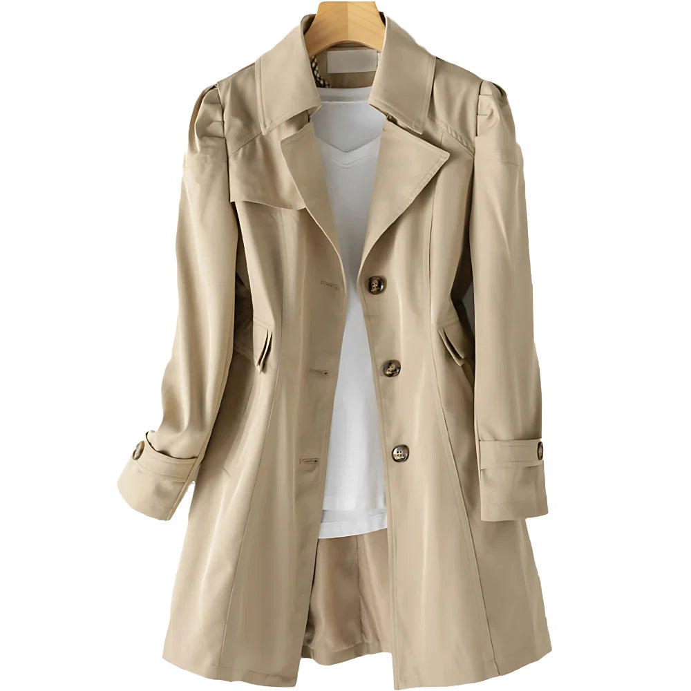Dames trenchcoat beige met dubbele knopenrij en steekzakken voor dagelijks gebruik