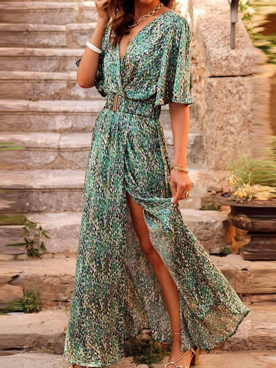 Lara | Dames Maxi-wikkeljurk met Print Groen