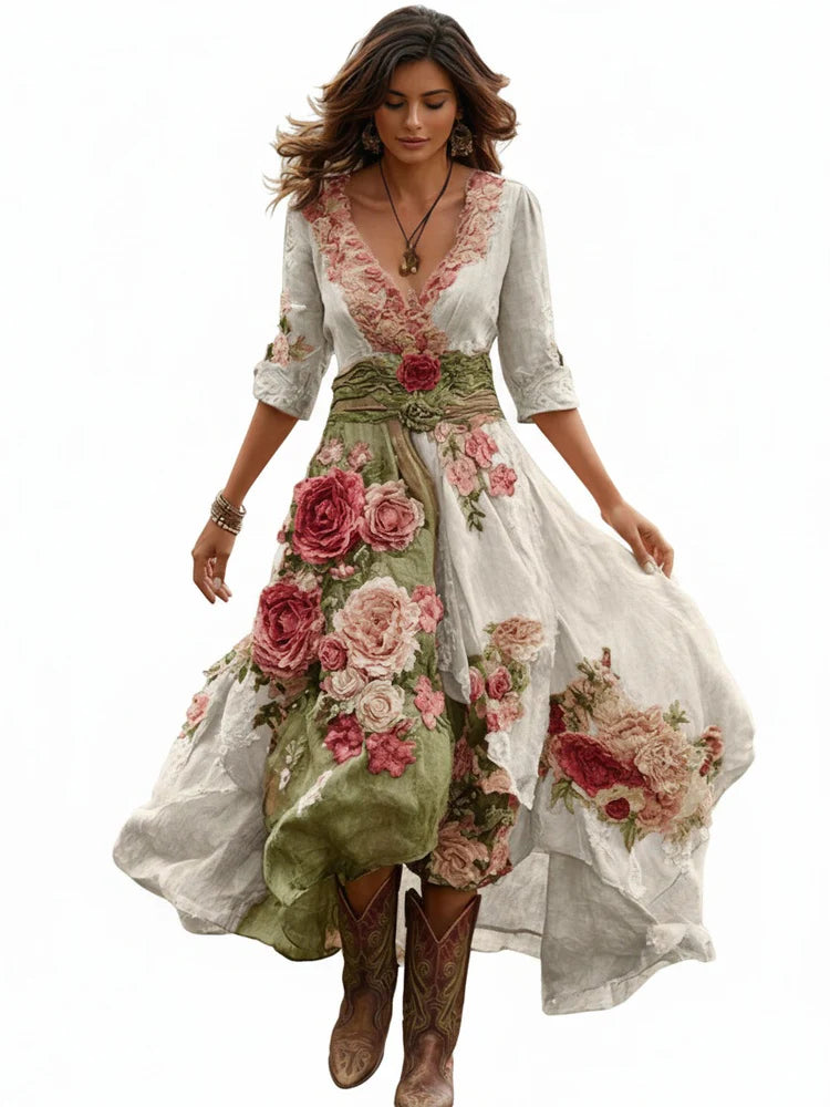 Dames Midi Jurk met V-hals Bloemenprint in wit met roze en groene rozenmotieven en asymmetrische zoom