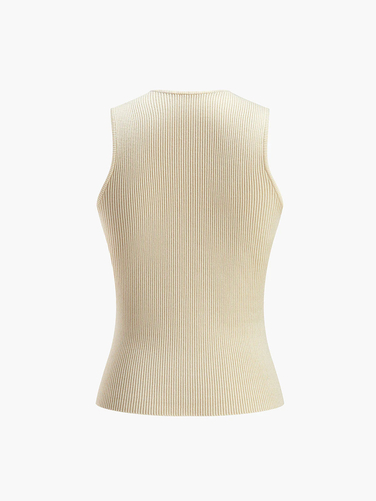 Volledig aanzicht van dames mouwloze ribgebreide top met slim fit silhouet