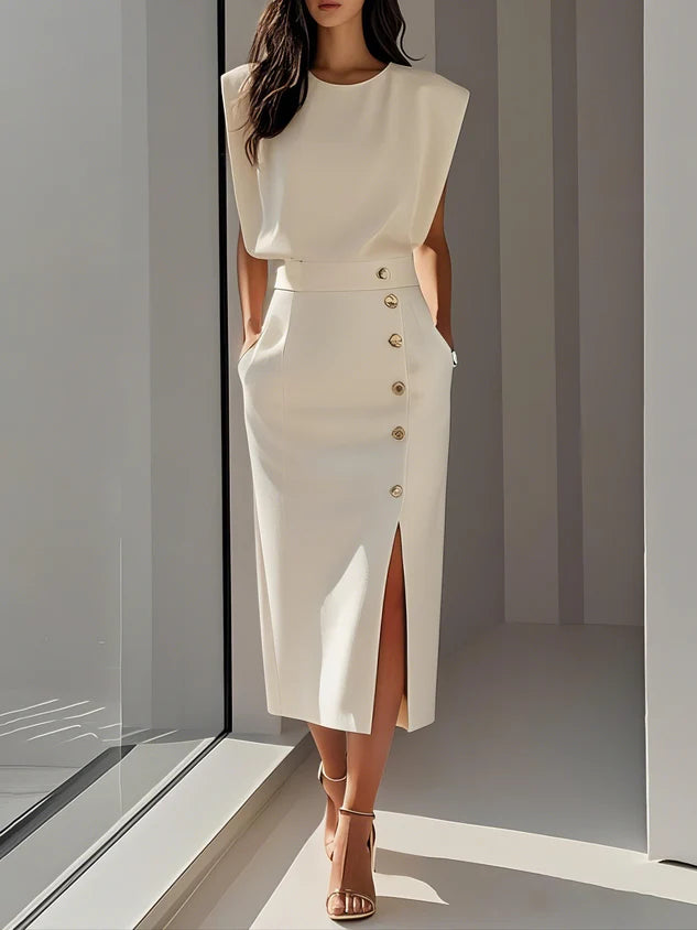 Mouwloze midi jurk met decoratieve knopenrij aan de zijkant en split aan de voorkant in beige kleur