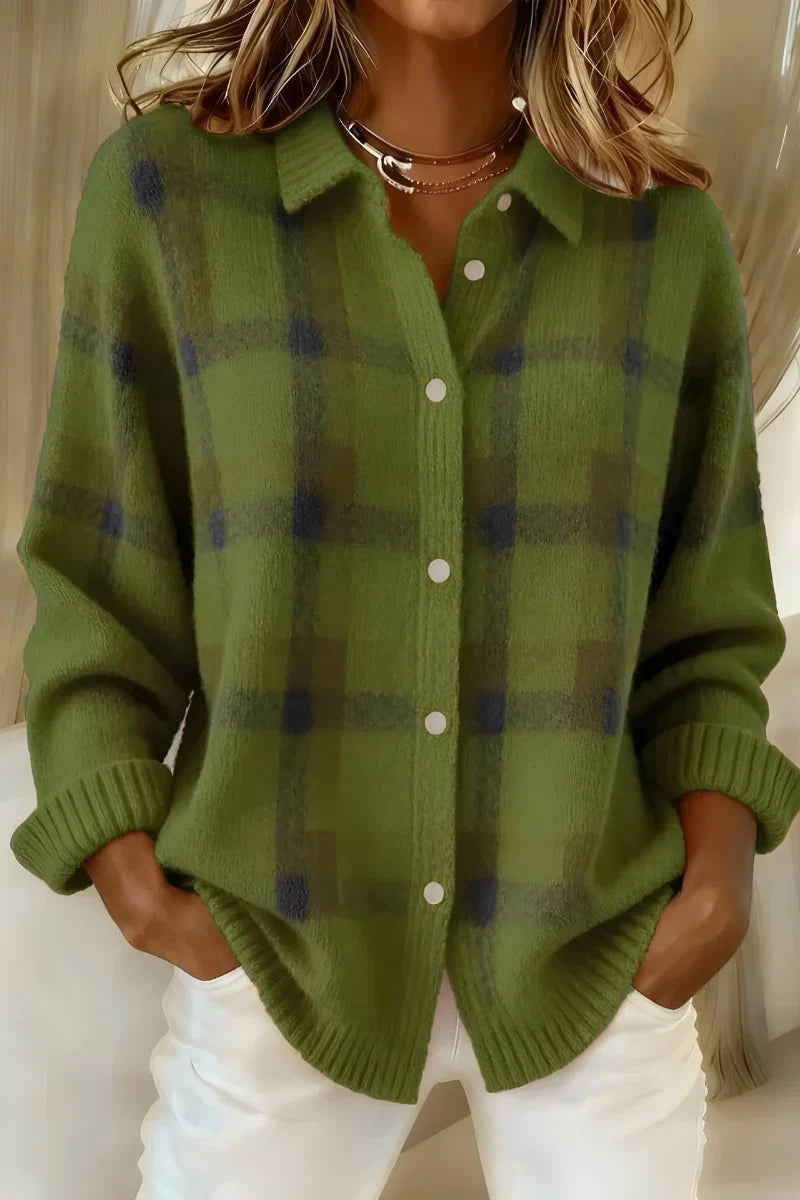 Volledige weergave van geruite gebreide cardigan met ontspannen snit en retro patroon