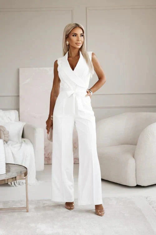 Lieke | Dames Jumpsuit Mouwloos V-hals Wijde Pijpen Wit
