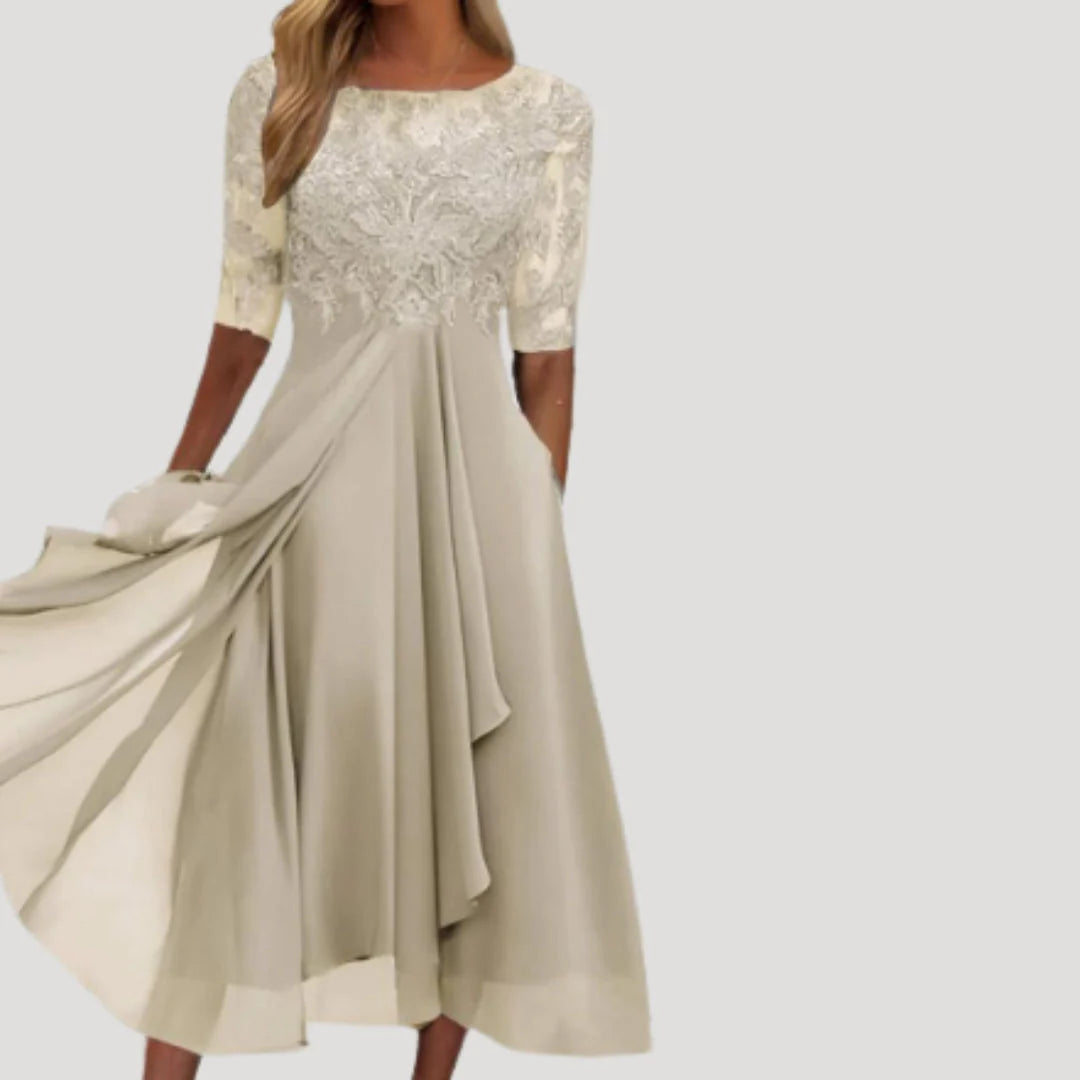 Lieke | Dames Midi Jurk met Kanten Bovenstuk Beige