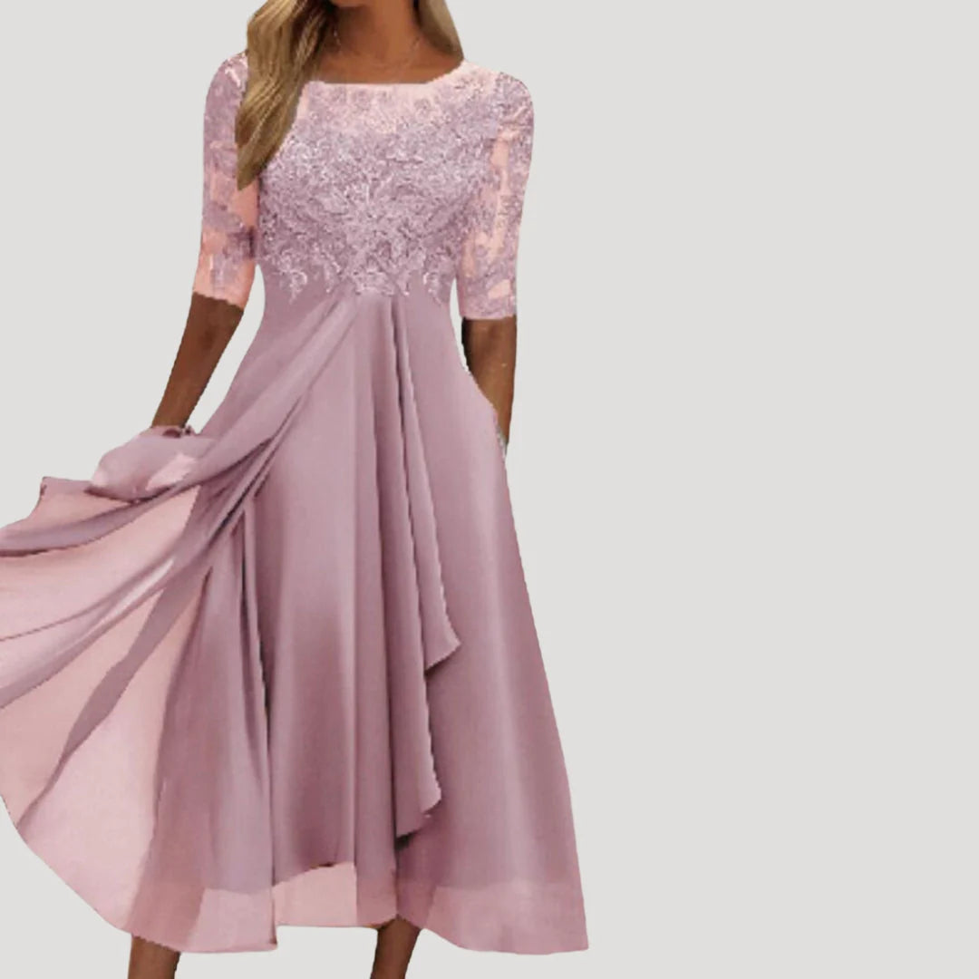 Lieke | Dames Midi Jurk met Kanten Bovenstuk Roze
