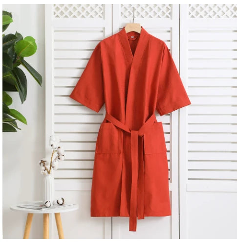 Klassieke kimono badjas met gestructureerde wafelstof en twee zakken