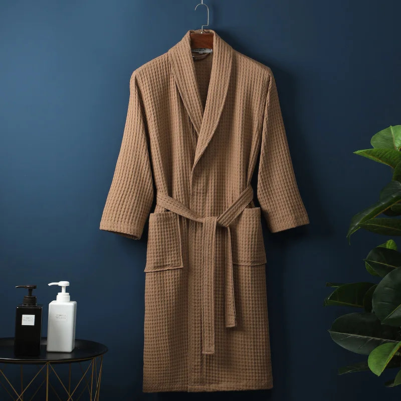 Loungewear badjas in wafelstof met praktische zakken en ceintuur