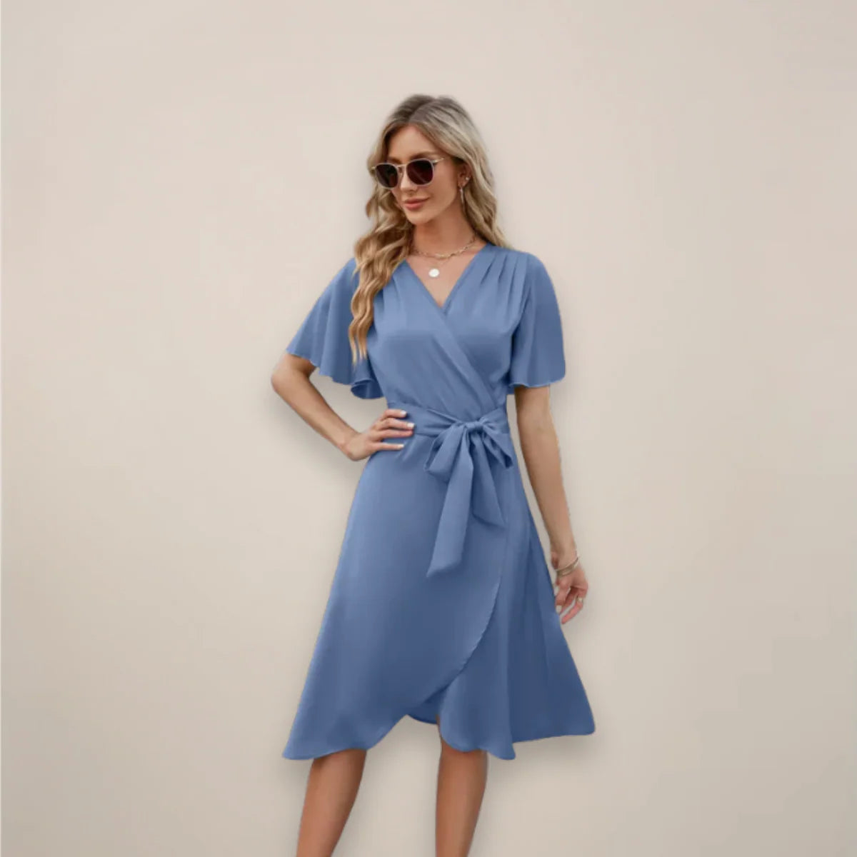 Midi wikkeljurk met vlindermouwen en strikdetail in blauw voor dames zomer
