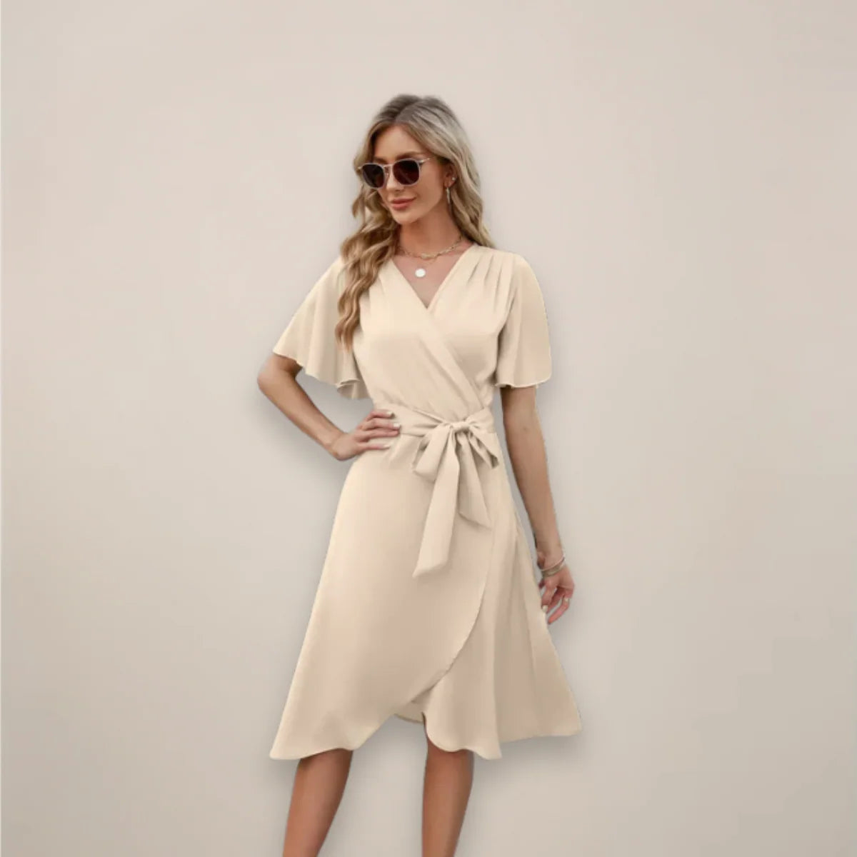 Close-up strikdetail en V-hals van blauwe midi wikkeljurk voor dames