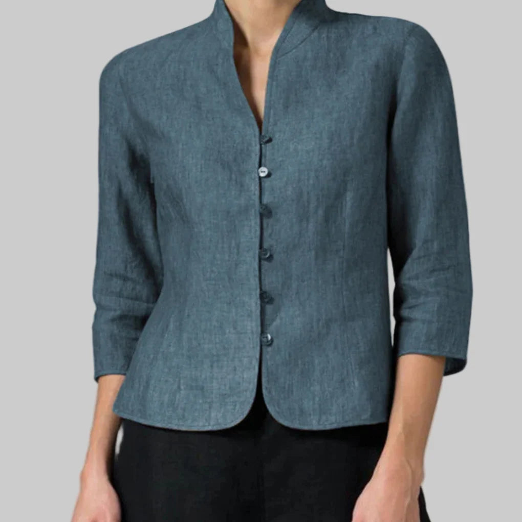 Grijze dames blouse met opstaande kraag en lange mouwen, klassiek ontwerp voor werkkleding