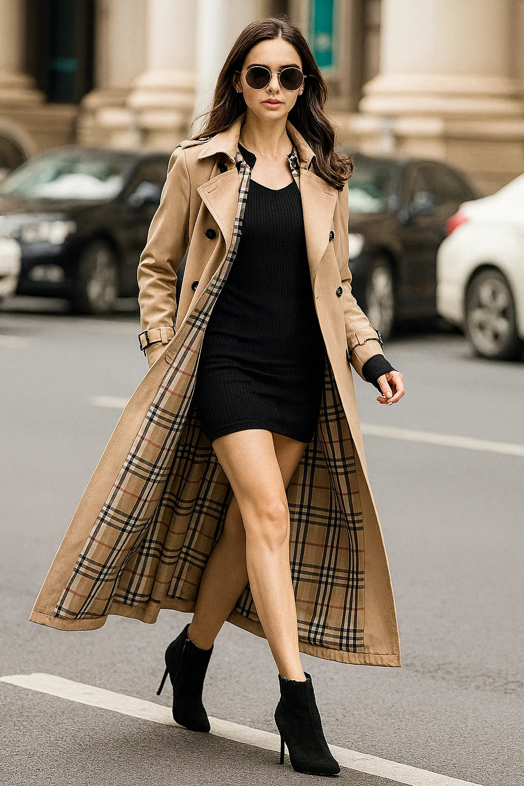 Dames lange trenchcoat in beige met verstelbare ceintuur en geruite voering gedragen op straat