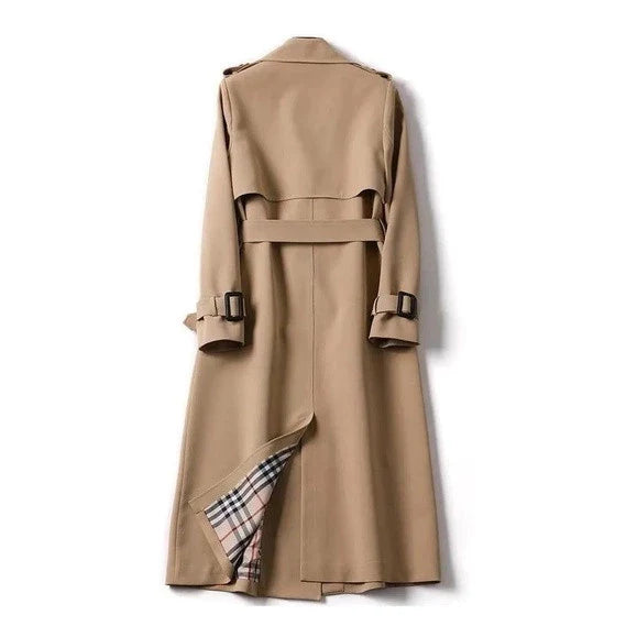 Zijaanzicht van dames trenchcoat met stormflap en verstelbare ceintuur in beweging